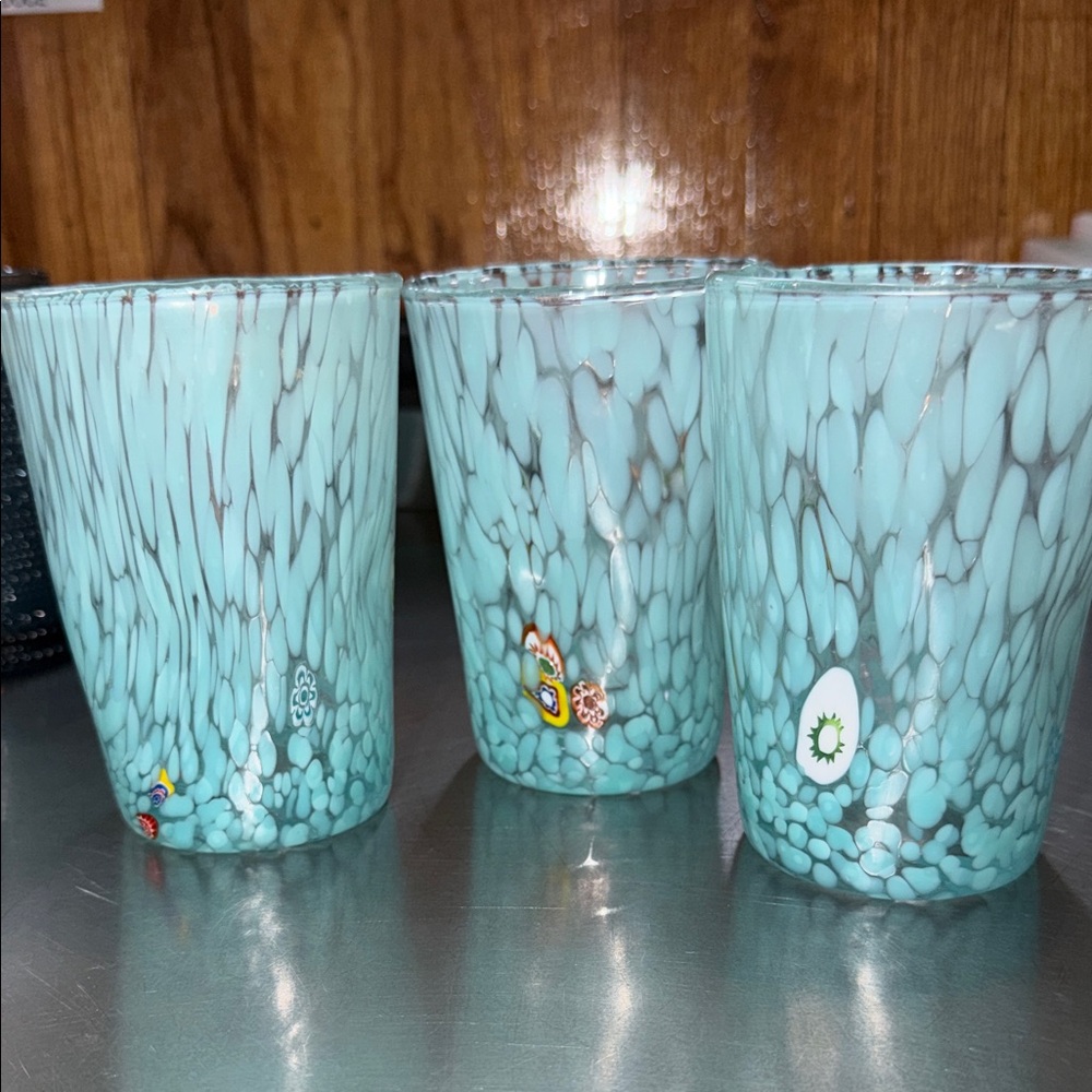 3 Turquoise Patterned Glass Tumblers